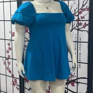 Blue Puff Sleeve Women's Top